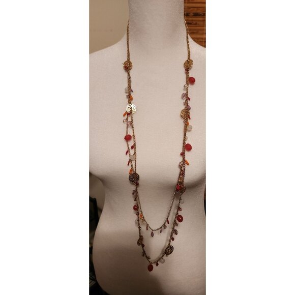 Bohemian Multi-Strand Layered Necklace With Gold-Tone Chains & Colorful Beads - Picture 1 of 5